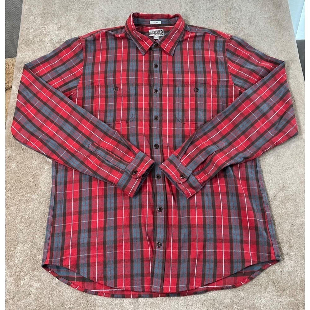 J. Crew Mid Weight Flannel Shirt Men Size XLT Tall Red Plaid Long Sleeve EUC